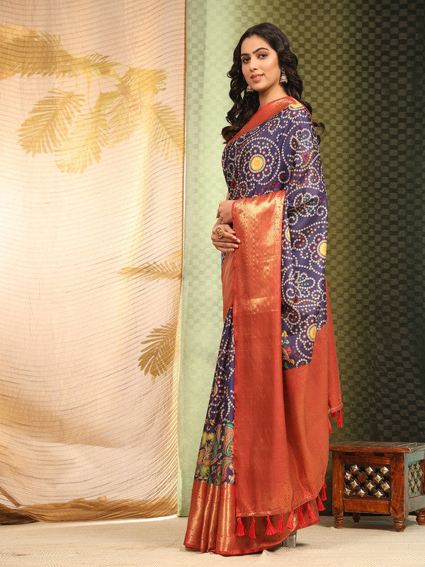 Blue Silk Blend Digital Print Bandhani Saree with Unstitched Blouse - Hiral Fashion | Swadesiicart