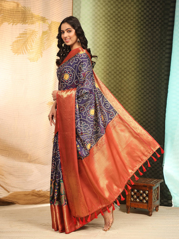 Blue Silk Blend Digital Print Bandhani Saree with Unstitched Blouse - Hiral Fashion | Swadesiicart