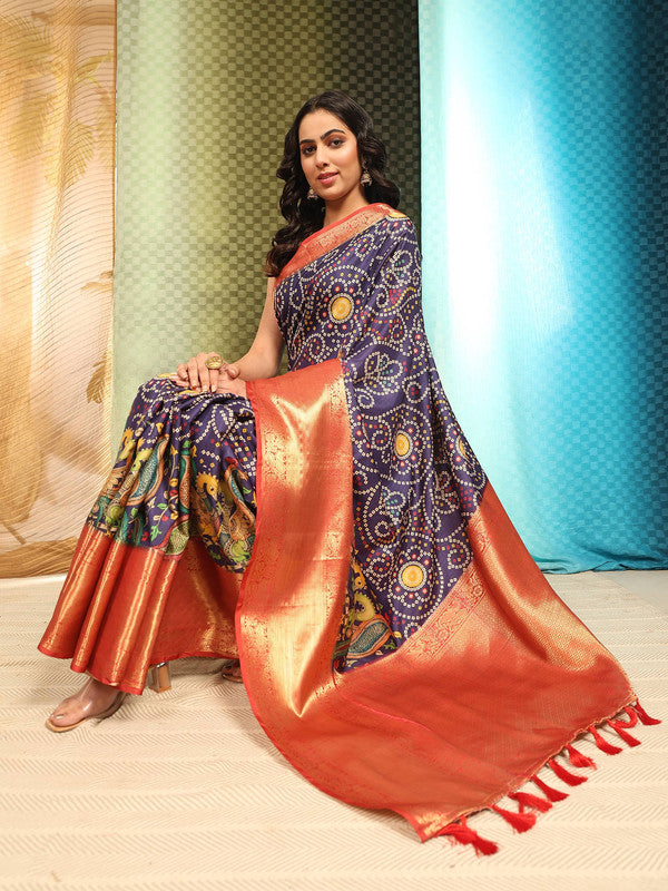 Blue Silk Blend Digital Print Bandhani Saree with Unstitched Blouse - Hiral Fashion | Swadesiicart