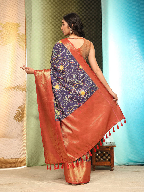 Blue Silk Blend Digital Print Bandhani Saree with Unstitched Blouse - Hiral Fashion | Swadesiicart