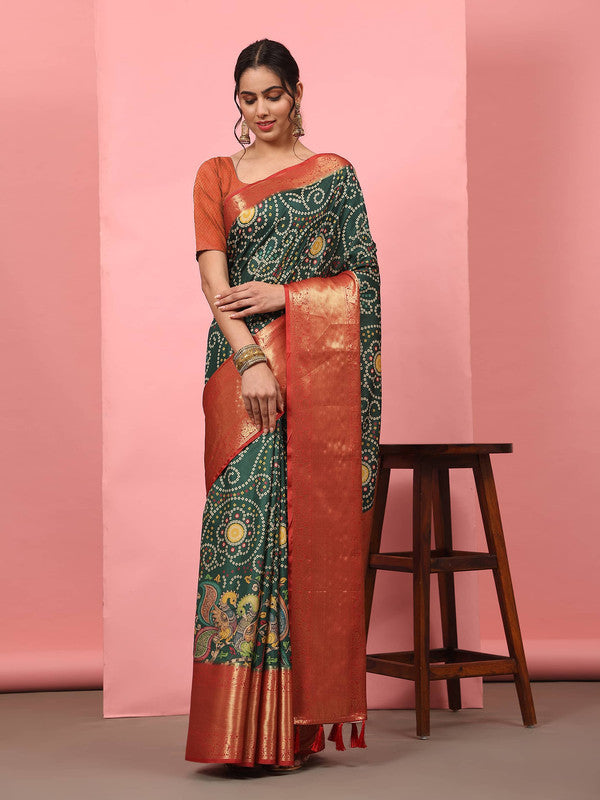 Green Silk Blend Digital Print Bandhani Saree with Unstitched Blouse - Hiral Fashion | Swadesiicart