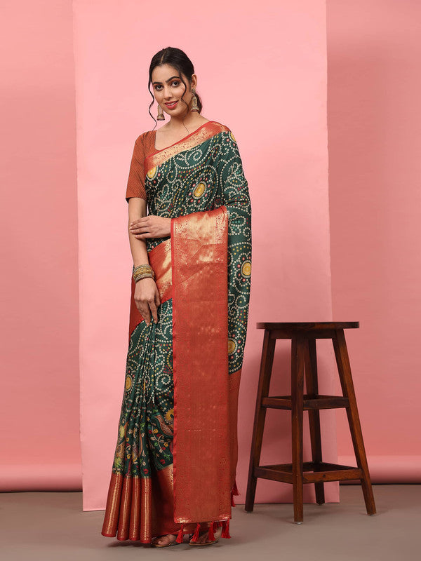 Green Silk Blend Digital Print Bandhani Saree with Unstitched Blouse - Hiral Fashion | Swadesiicart