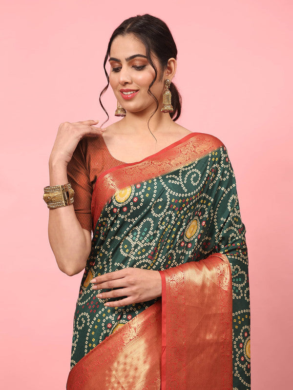 Green Silk Blend Digital Print Bandhani Saree with Unstitched Blouse - Hiral Fashion | Swadesiicart