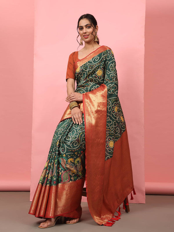 Green Silk Blend Digital Print Bandhani Saree with Unstitched Blouse - Hiral Fashion | Swadesiicart