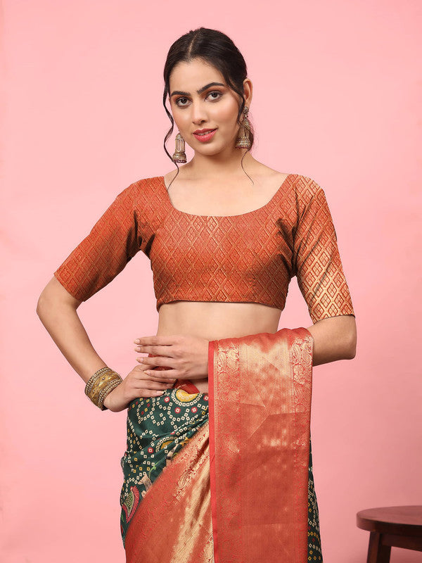Green Silk Blend Digital Print Bandhani Saree with Unstitched Blouse - Hiral Fashion | Swadesiicart