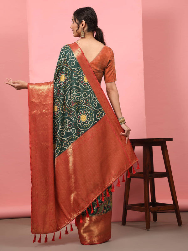 Green Silk Blend Digital Print Bandhani Saree with Unstitched Blouse - Hiral Fashion | Swadesiicart