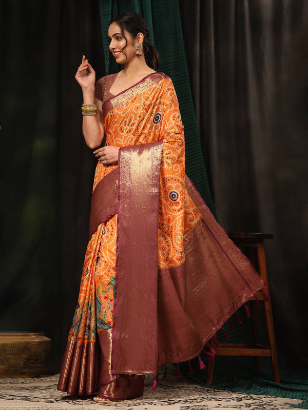 Orange Silk Blend Digital Print Bandhani Saree with Unstitched Blouse - Hiral Fashion | Swadesiicart