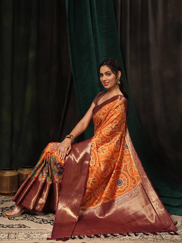 Orange Silk Blend Digital Print Bandhani Saree with Unstitched Blouse - Hiral Fashion | Swadesiicart
