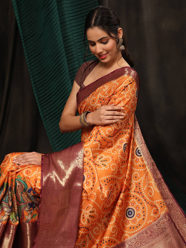 Orange Silk Blend Digital Print Bandhani Saree with Unstitched Blouse - Hiral Fashion | Swadesiicart