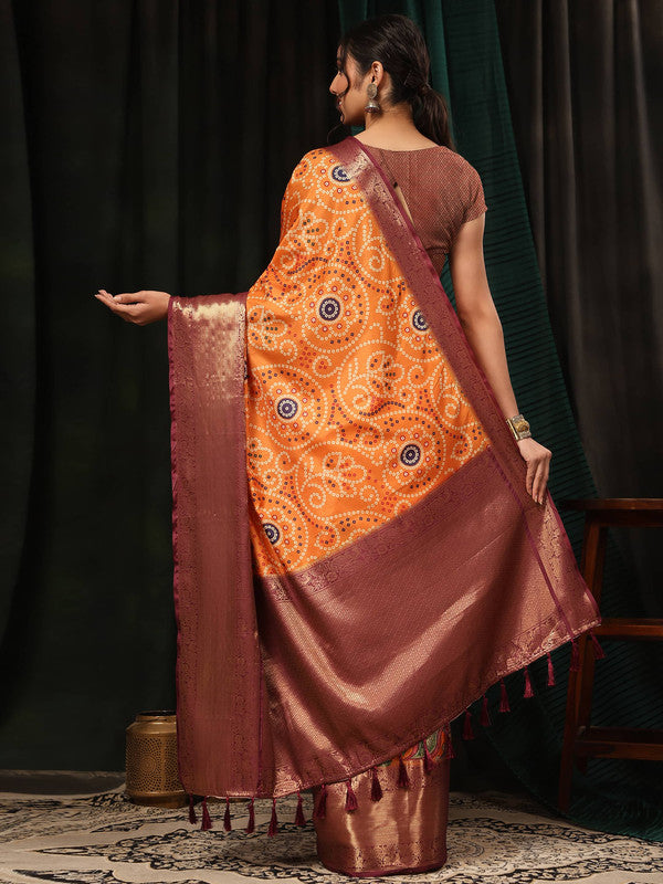 Orange Silk Blend Digital Print Bandhani Saree with Unstitched Blouse - Hiral Fashion | Swadesiicart