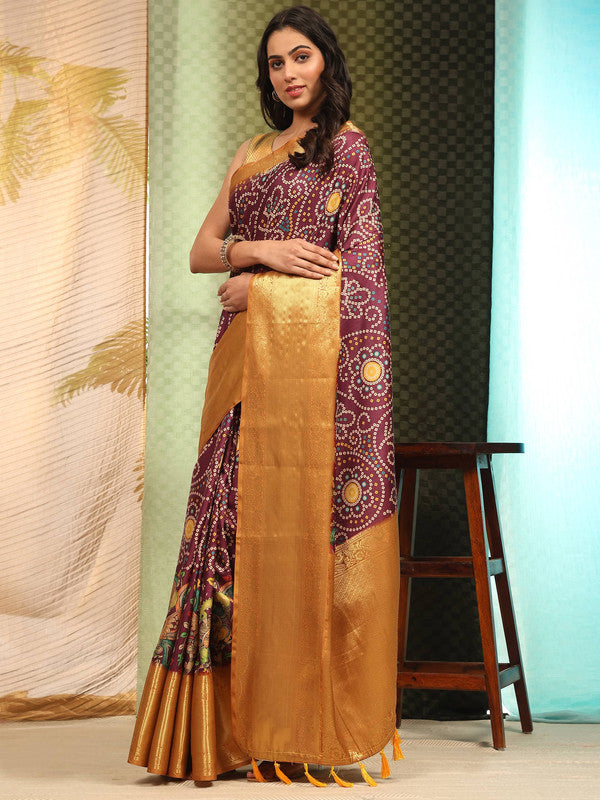 Purple Silk Blend Digital Print Bandhani Saree with Unstitched Blouse - Hiral Fashion | Swadesiicart