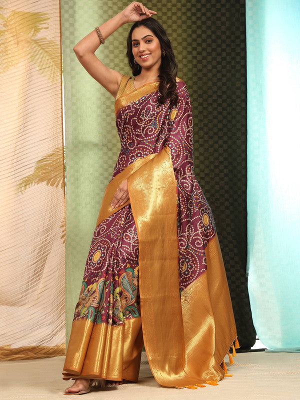 Purple Silk Blend Digital Print Bandhani Saree with Unstitched Blouse - Hiral Fashion | Swadesiicart