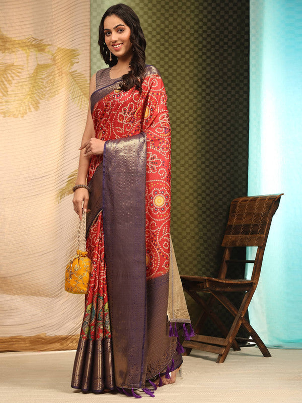 Red Silk Blend Digital Print Bandhani Saree with Unstitched Blouse - Hiral Fashion | Swadesiicart