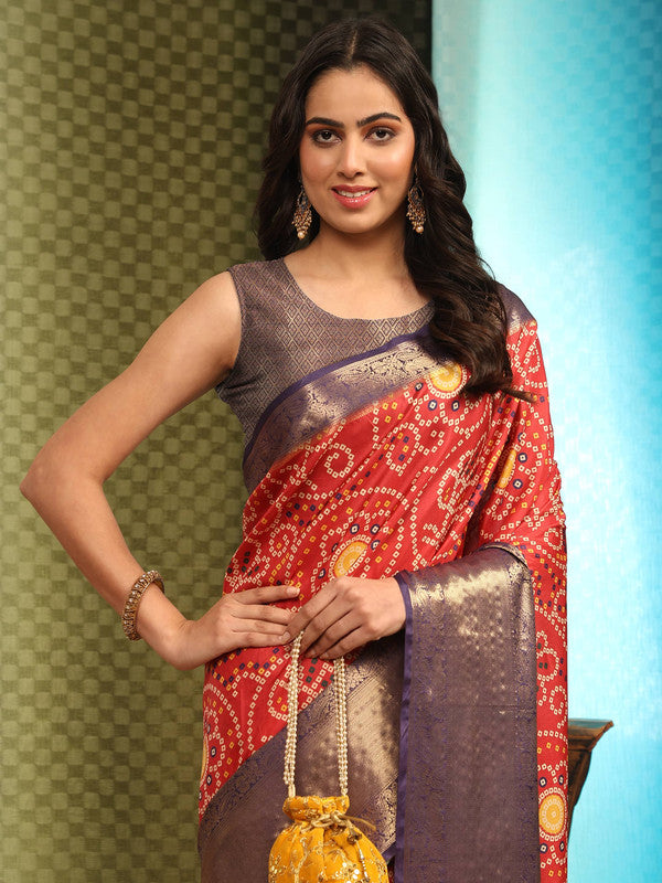 Red Silk Blend Digital Print Bandhani Saree with Unstitched Blouse - Hiral Fashion | Swadesiicart