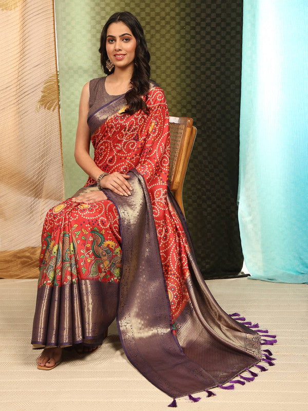 Red Silk Blend Digital Print Bandhani Saree with Unstitched Blouse - Hiral Fashion | Swadesiicart