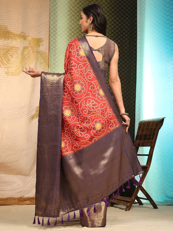Red Silk Blend Digital Print Bandhani Saree with Unstitched Blouse - Hiral Fashion | Swadesiicart