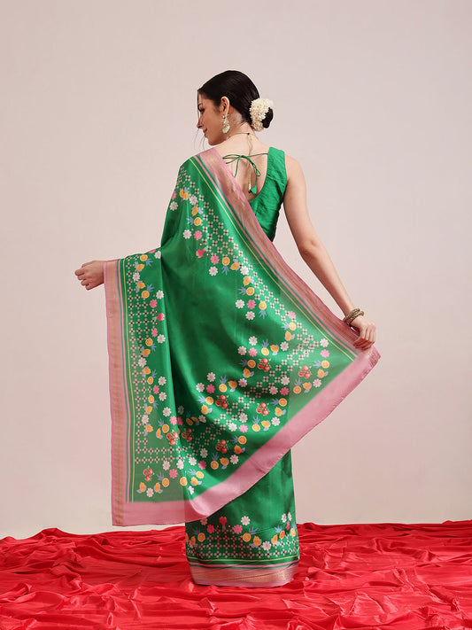 Hiral Fashion Green Banarasi Art Silk Abstract Digital Printed Saree | Swadesiicart