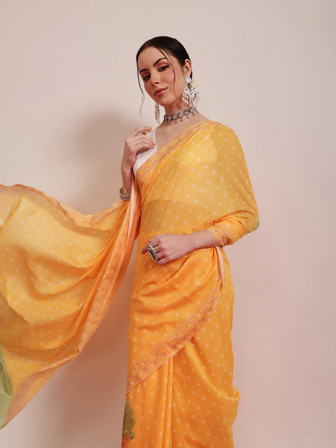 Hiral Fashion Mustard Bollywood Mul Cotton Polka Dots Digital Printed Saree | Swadesiicart