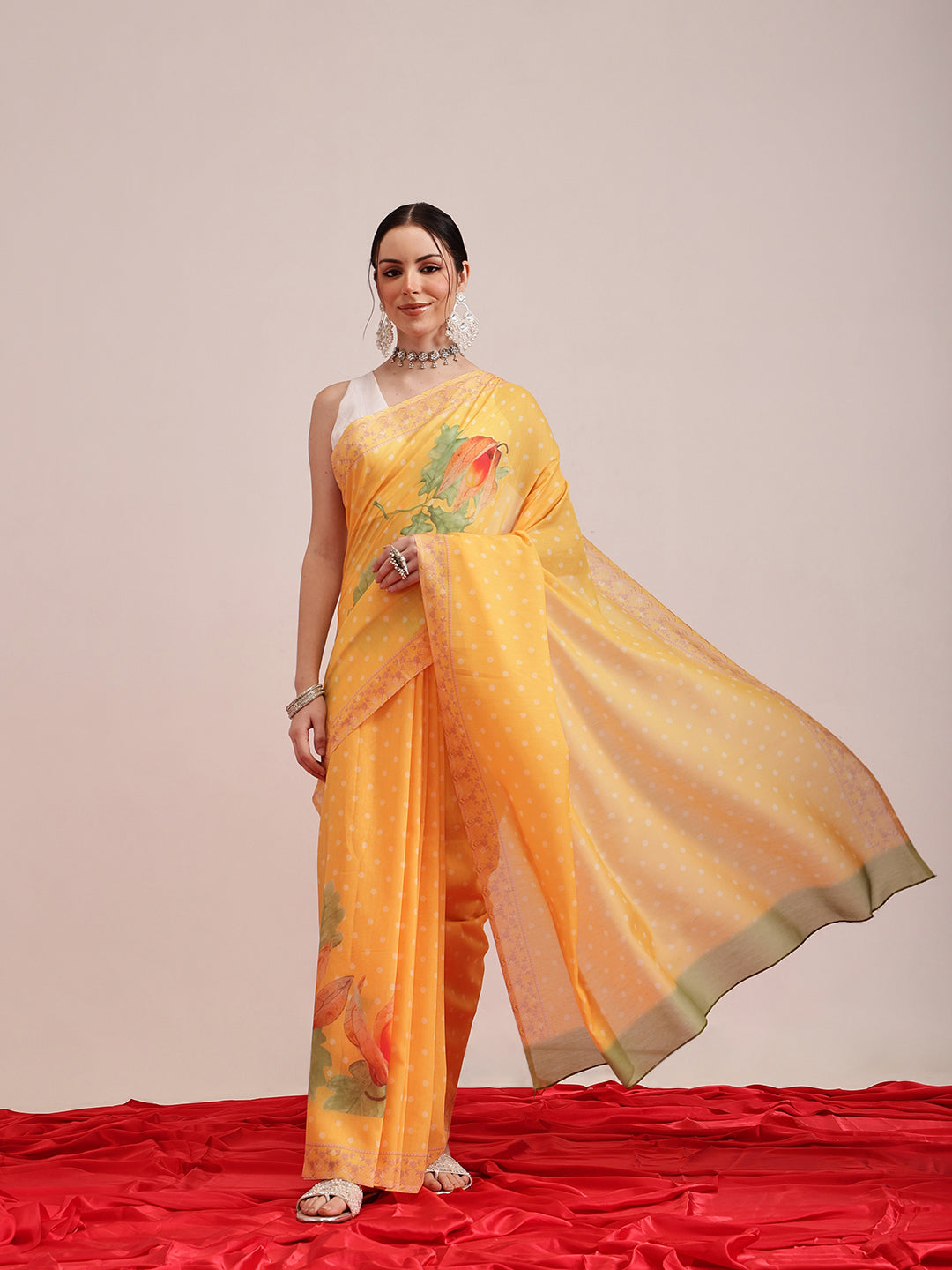 Hiral Fashion Mustard Bollywood Mul Cotton Polka Dots Digital Printed Saree | Swadesiicart