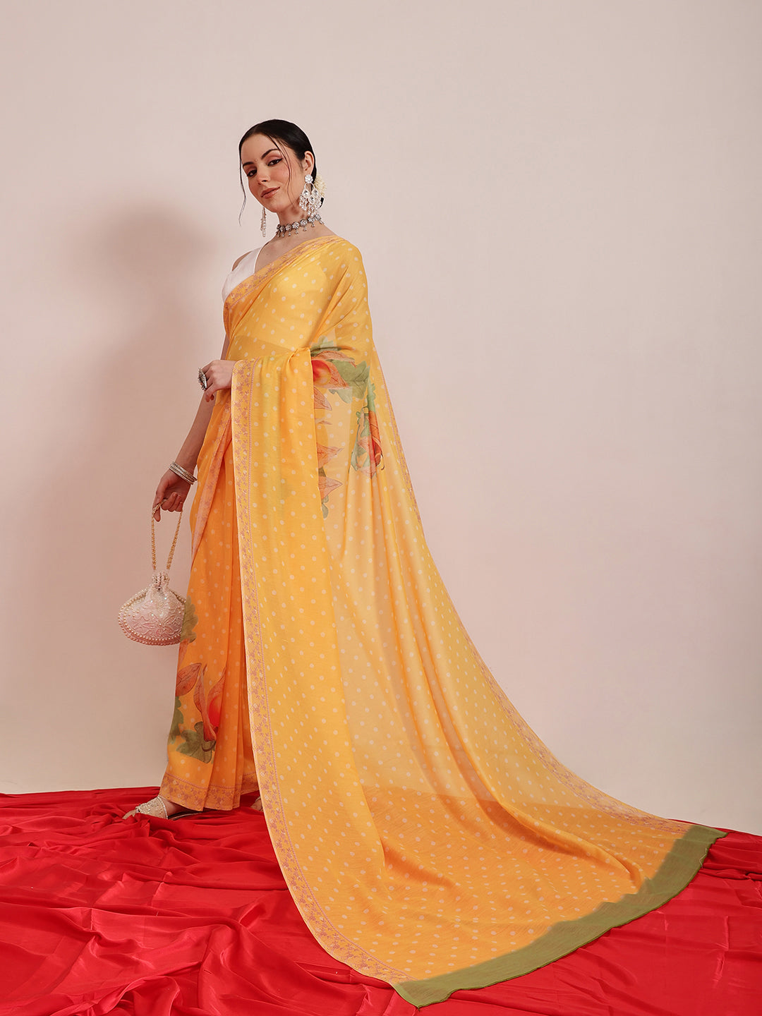 Hiral Fashion Mustard Bollywood Mul Cotton Polka Dots Digital Printed Saree | Swadesiicart