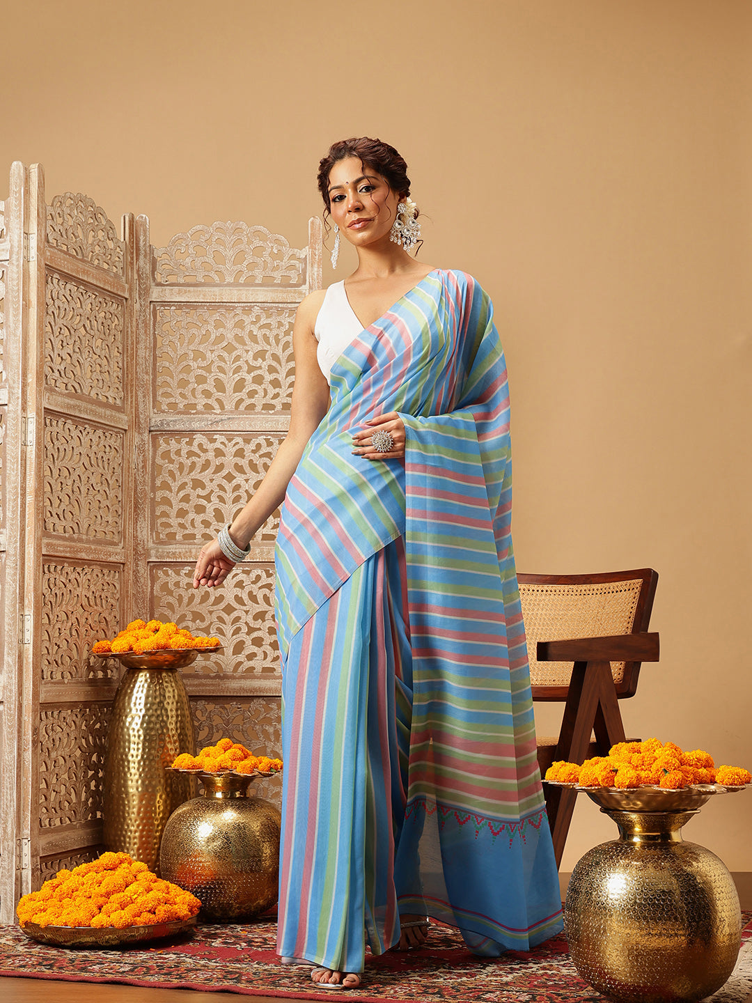 Hiral Fashion Blue Bollywood Mul Cotton Lahariya Digital Printed Saree | Swadesiicart