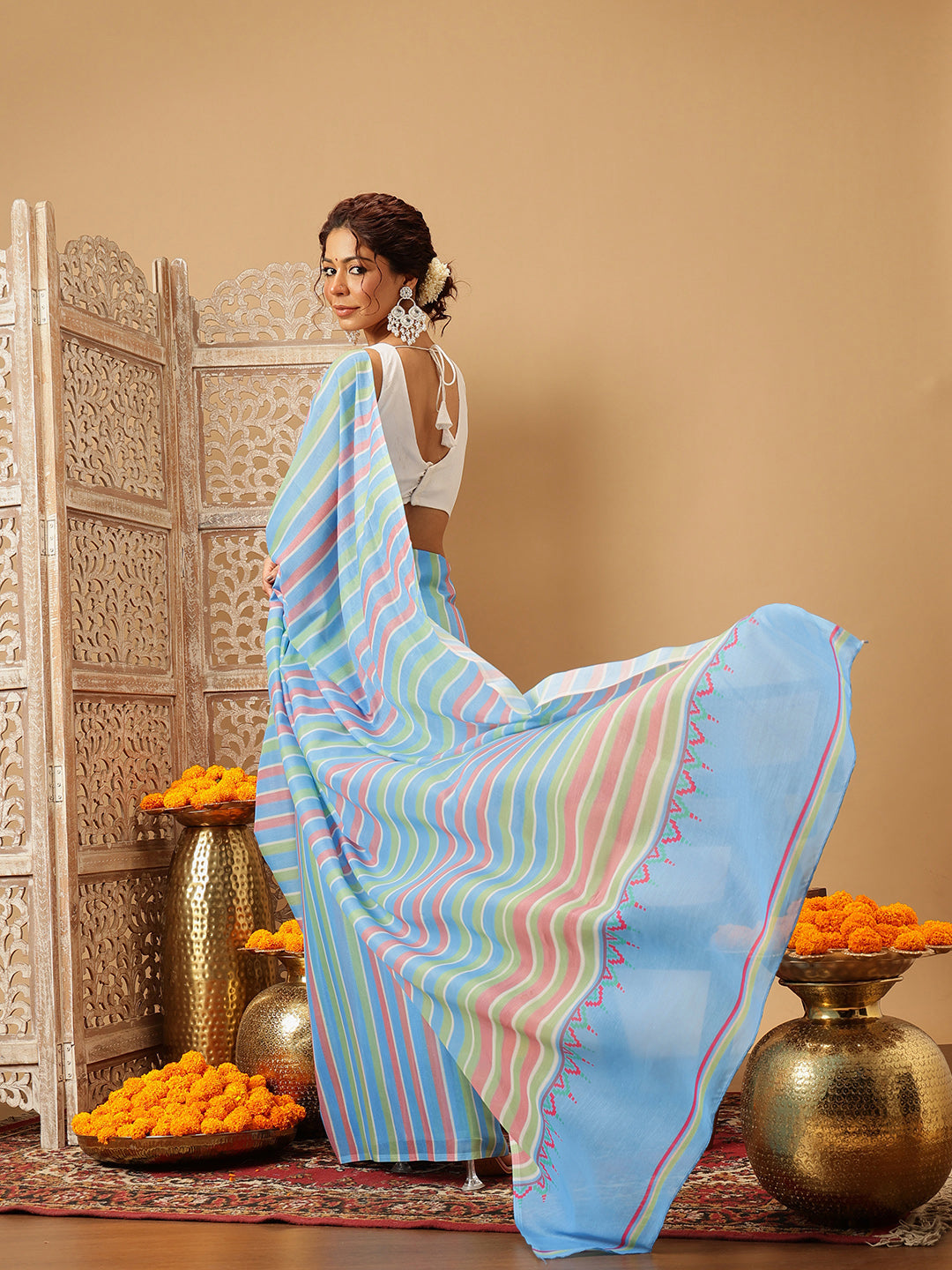 Hiral Fashion Blue Bollywood Mul Cotton Lahariya Digital Printed Saree | Swadesiicart