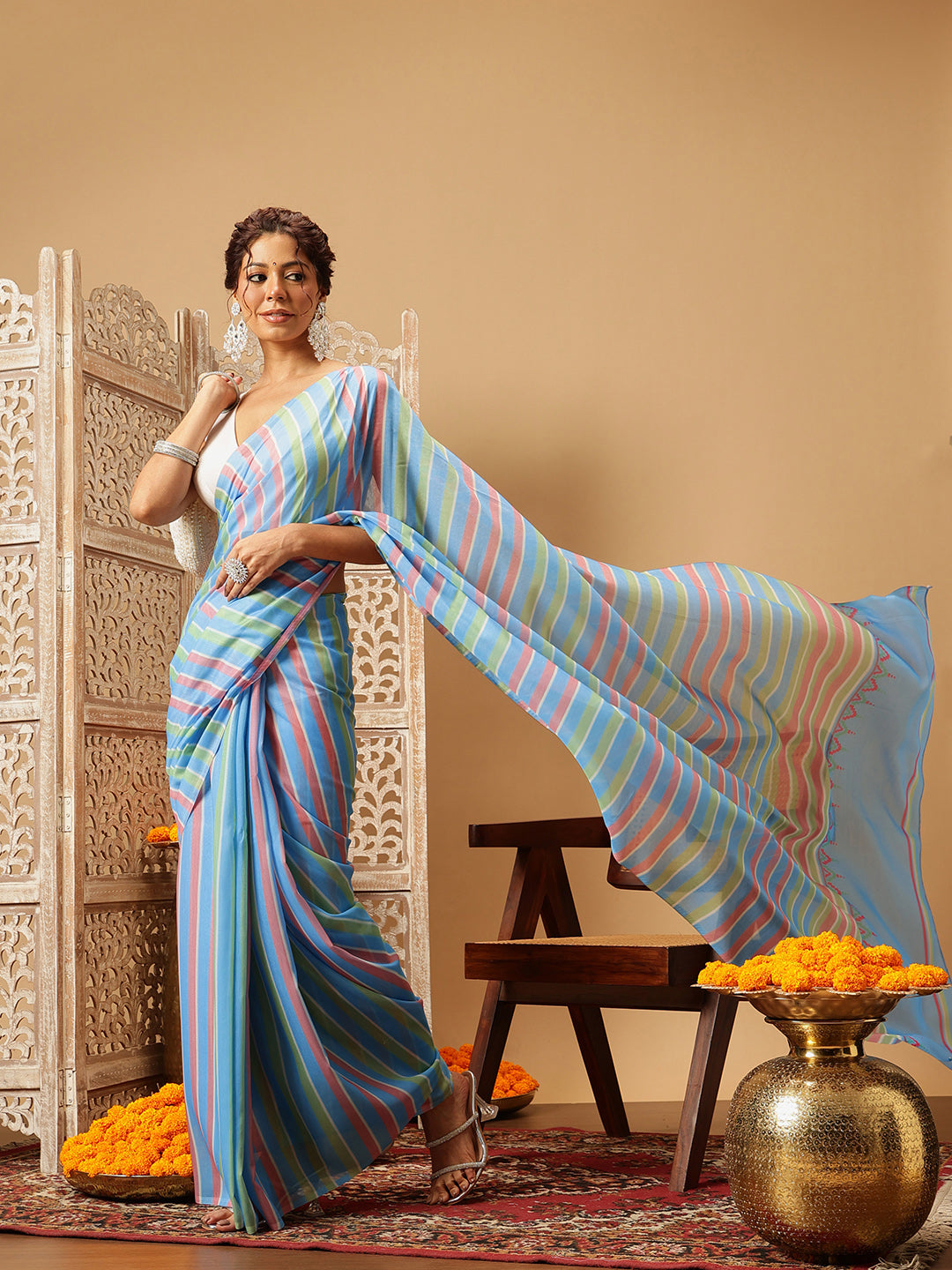 Hiral Fashion Blue Bollywood Mul Cotton Lahariya Digital Printed Saree | Swadesiicart