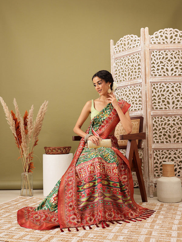 Green Silk Blend Digital Print Ikkat Saree with Unstitched Blouse - Hiral Fashion | Swadesiicart