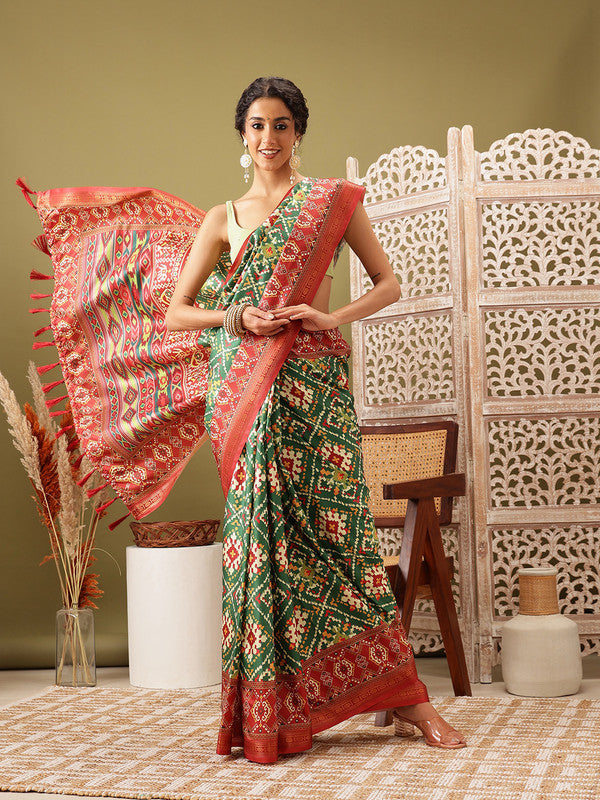 Green Silk Blend Digital Print Ikkat Saree with Unstitched Blouse - Hiral Fashion | Swadesiicart