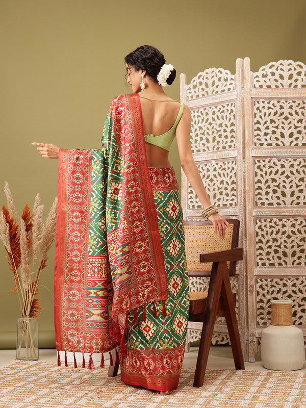 Green Silk Blend Digital Print Ikkat Saree with Unstitched Blouse - Hiral Fashion | Swadesiicart