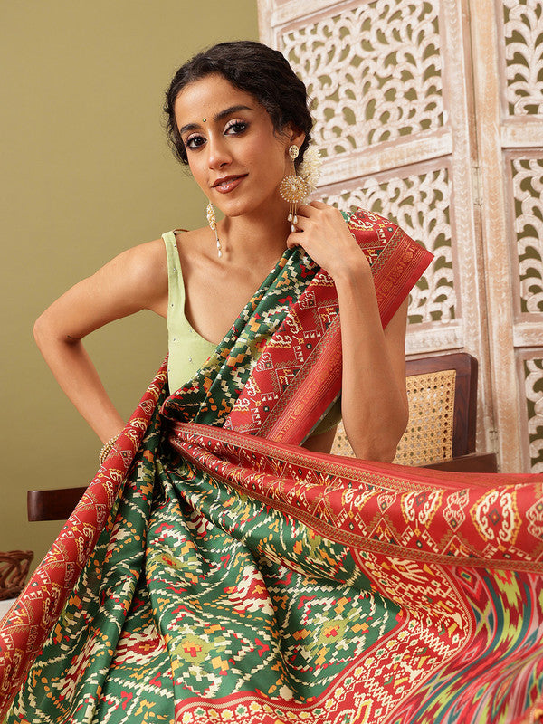 Green Silk Blend Digital Print Ikkat Saree with Unstitched Blouse - Hiral Fashion | Swadesiicart
