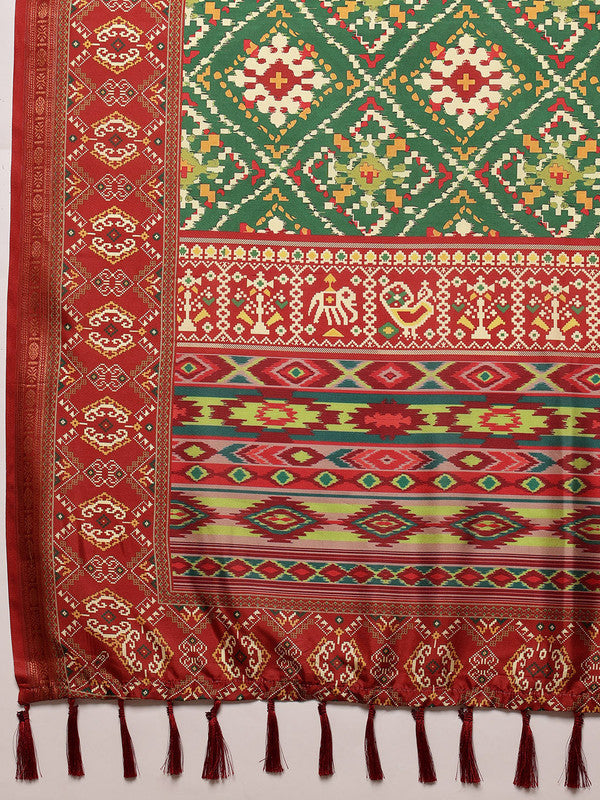 Green Silk Blend Digital Print Ikkat Saree with Unstitched Blouse - Hiral Fashion | Swadesiicart