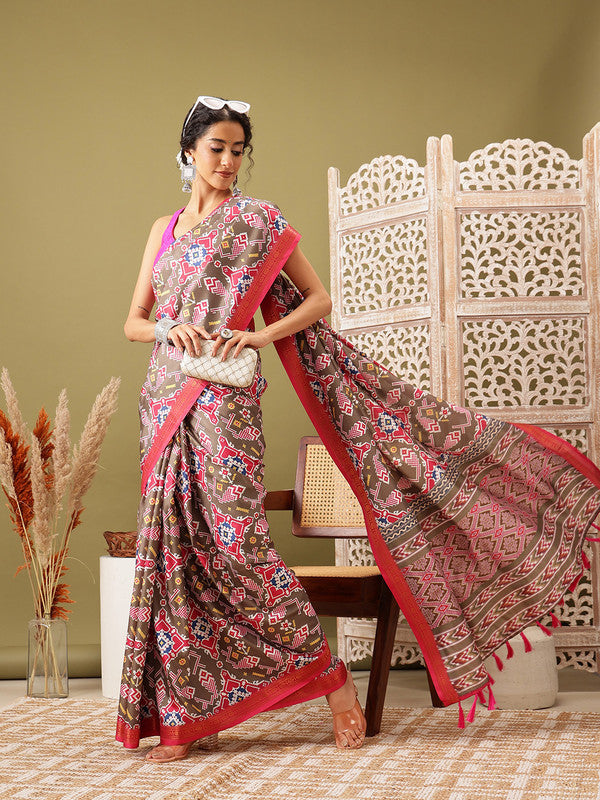 Olive Silk Blend Digital Print Ikkat Saree with Unstitched Blouse - Hiral Fashion | Swadesiicart
