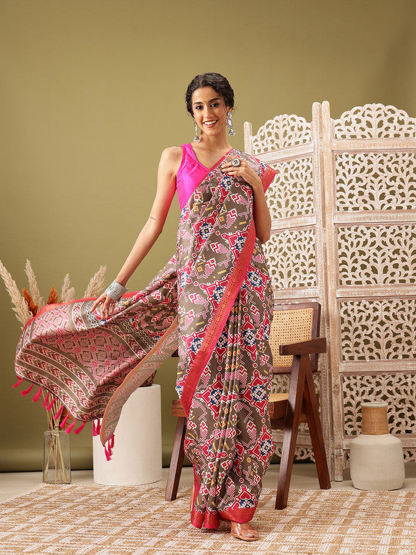 Olive Silk Blend Digital Print Ikkat Saree with Unstitched Blouse - Hiral Fashion | Swadesiicart