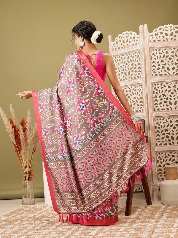 Olive Silk Blend Digital Print Ikkat Saree with Unstitched Blouse - Hiral Fashion | Swadesiicart