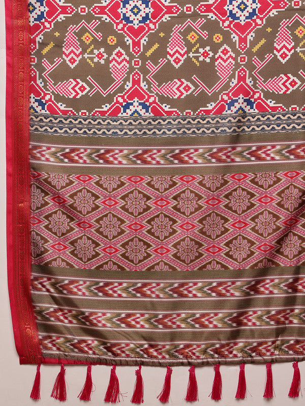 Olive Silk Blend Digital Print Ikkat Saree with Unstitched Blouse - Hiral Fashion | Swadesiicart