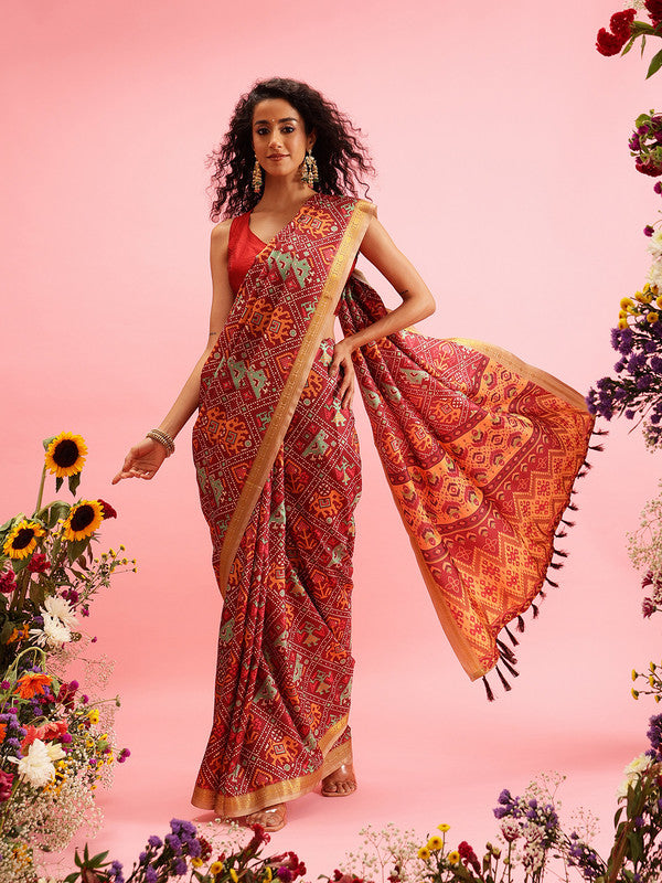 Maroon Silk Blend Digital Print Ikkat Saree with Unstitched Blouse - Hiral Fashion | Swadesiicart