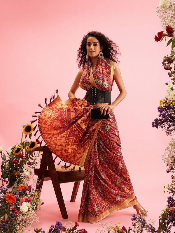 Maroon Silk Blend Digital Print Ikkat Saree with Unstitched Blouse - Hiral Fashion | Swadesiicart