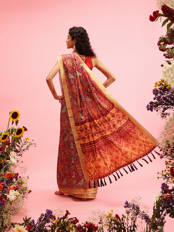 Maroon Silk Blend Digital Print Ikkat Saree with Unstitched Blouse - Hiral Fashion | Swadesiicart