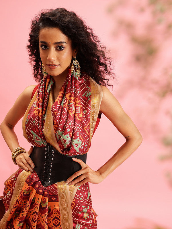 Maroon Silk Blend Digital Print Ikkat Saree with Unstitched Blouse - Hiral Fashion | Swadesiicart
