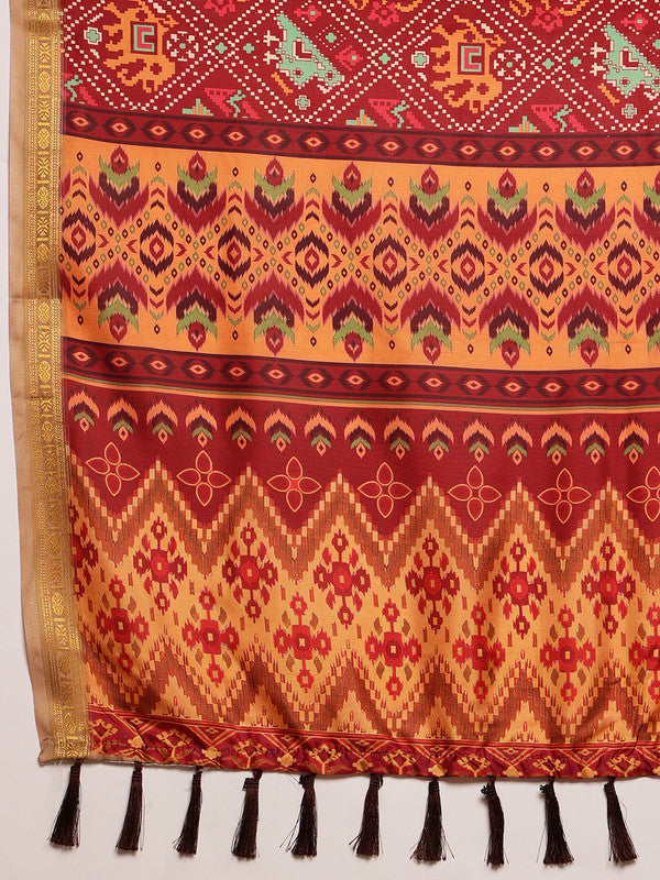 Maroon Silk Blend Digital Print Ikkat Saree with Unstitched Blouse - Hiral Fashion | Swadesiicart