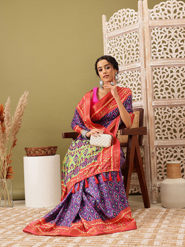 Royal Blue Silk Blend Digital Print Ikkat Saree with Unstitched Blouse - Hiral Fashion | Swadesiicart