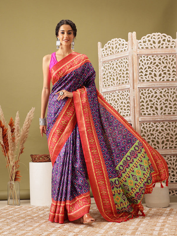Royal Blue Silk Blend Digital Print Ikkat Saree with Unstitched Blouse - Hiral Fashion | Swadesiicart