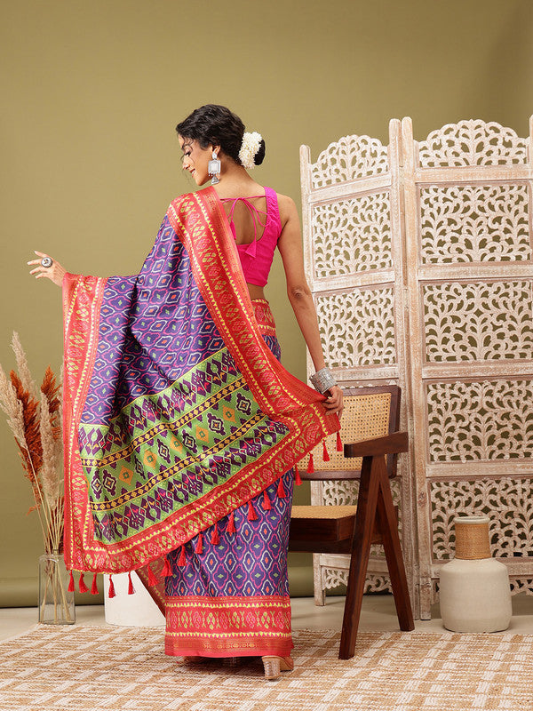 Royal Blue Silk Blend Digital Print Ikkat Saree with Unstitched Blouse - Hiral Fashion | Swadesiicart