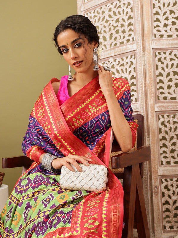 Royal Blue Silk Blend Digital Print Ikkat Saree with Unstitched Blouse - Hiral Fashion | Swadesiicart
