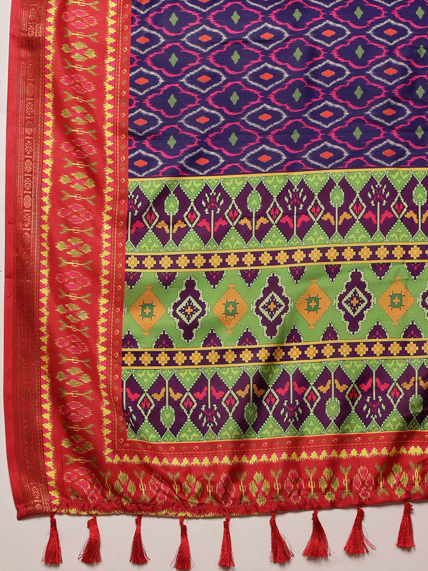 Royal Blue Silk Blend Digital Print Ikkat Saree with Unstitched Blouse - Hiral Fashion | Swadesiicart