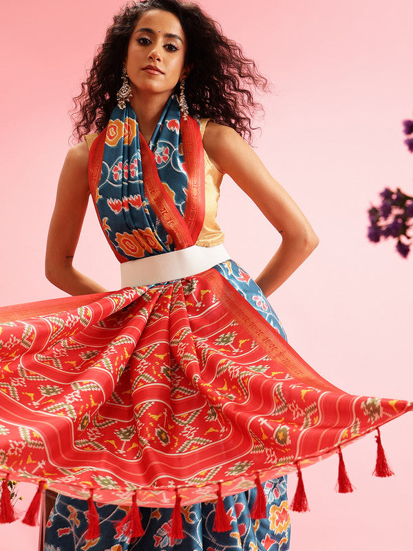 Turquoise Silk Blend Digital Print Ikkat Saree with Unstitched Blouse - Hiral Fashion | Swadesiicart