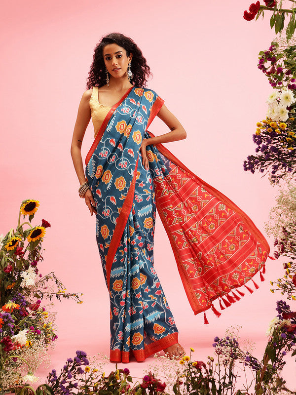 Turquoise Silk Blend Digital Print Ikkat Saree with Unstitched Blouse - Hiral Fashion | Swadesiicart