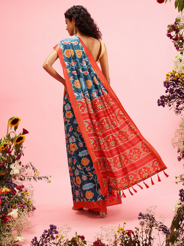 Turquoise Silk Blend Digital Print Ikkat Saree with Unstitched Blouse - Hiral Fashion | Swadesiicart