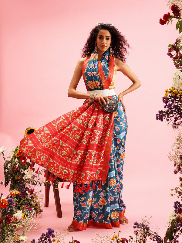 Turquoise Silk Blend Digital Print Ikkat Saree with Unstitched Blouse - Hiral Fashion | Swadesiicart